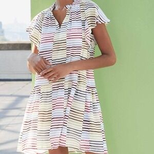 LOFT Women's Striped Ruffle Sleeve Tiered Dress Multicolor Size‎ Small